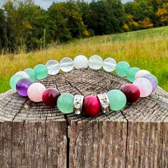 Minerální náramek tygří oko, avanturín, růženín, ametyst, křišťál - HORTENZIE